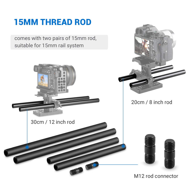 SMALLRIG 15mm Rods Pack with M12 Thread Rod Cap Connectors Aluminum Alloy Rods Combination for for Rig Mattebox Follow Focus 15mm Rod System - 1659
