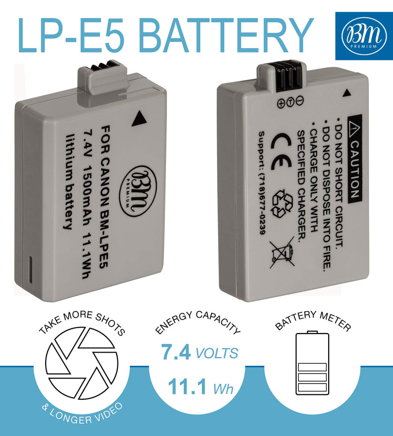 BIG MIKE'S ELECTRONICS BM Premium 2 Pack of LP-E5 Batteries and Battery Charger Kit for Canon EOS Rebel XS, Rebel T1i, Rebel XSi, 1000D, 500D, 450D, Kiss X3, Kiss X2, Kiss F Digital SLR Camera