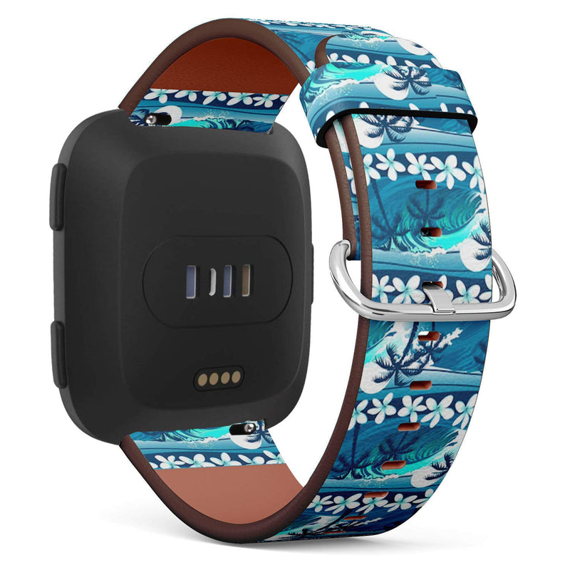 Compatible with Fitbit Versa, Versa 2, Versa Lite, Leather Replacement Bracelet Strap Wristband with Quick Release Pins // Blue Tropical Surfing Palm Trees