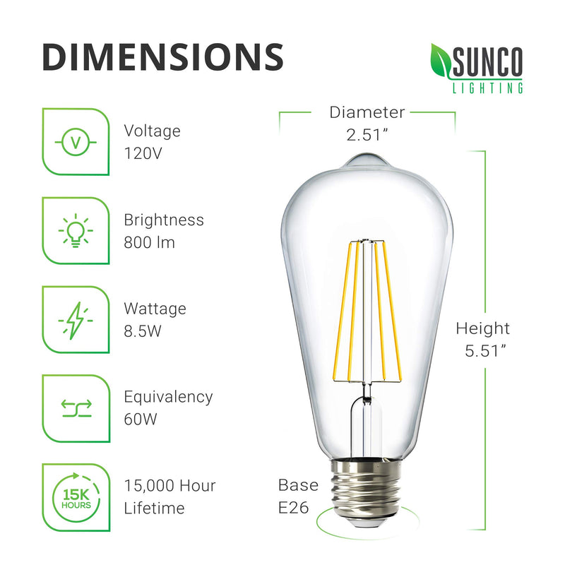 Sunco Lighting 4 Pack ST64 LED Bulb, Dimmable, Waterproof, 8.5W=60W, 6000K Daylight Deluxe, Vintage Edison Filament Bulb, 800 LM, E26 Base, Restaurant or String Lights - UL
