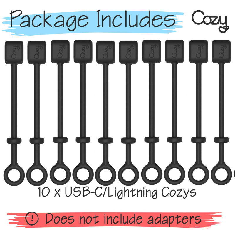 [10-Pack] Charging Cable Cozy by Cozy: Adapter Keeper/Holder/Lanyard Accessories, Compatible with (USB-C, Micro USB, Apple Pencil) adapters | Perfect for Keychain, Car, Travel (Black - 10 Pack) Black 10-Pack