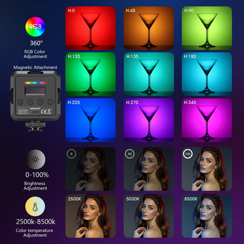 [AUSTRALIA] - Neewer Magnetic RGB Video Light, 360° Full Color RGB61 LED Camera Light with 3 Cold Shoe Mounts/CRI 97+/20 Scene Modes/2500K-8500K/2000mAh Rechargeable Portable Photography Lighting 