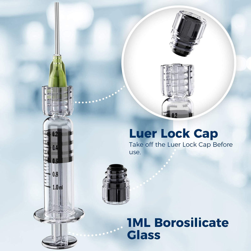 MyMed 10 Pack Borosilicate Glass Luer Lock Syringe 1ml Capacity Reusable Glass Syringes - Use for Arts and Crafts, Thick Liquids, Oils, Vet, Glue, Lab, Ink with 10GA Blunt Tip Pet Safe Needles