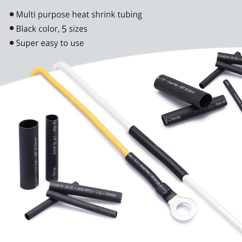 Wirefy 95 PCS Heat Shrink Tubing Kit - 4:1 Dual Wall Tube - Adhesive Lined - Marine Shrink Tubing - Black Length: 3.5" - Black - 95 PCS