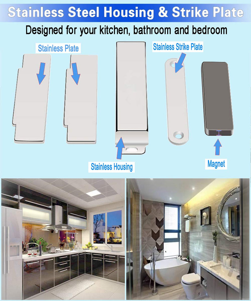 WOOCH Magnetic Door Catch - 25lb High Magnetic Stainless Steel Heavy Duty Catch for Kitchen Bathroom Cupboard Wardrobe Closet Closures Cabinet Door Drawer Latch (2.1 in Silver, 4-Pack) 4 Pack
