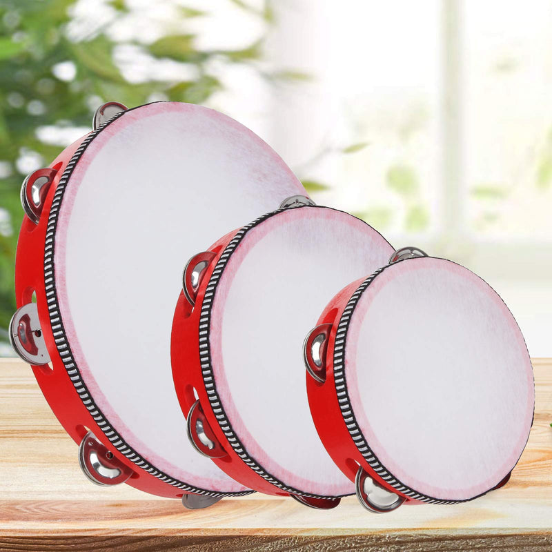 3 Pack Wooden Handheld Tambourine 10 inch/ 7 inch/ 6 inch Metal Jingles Hand Held Tambourine Percussion Single Row Instrument Handheld Drum for Church, Party, Musical Educational, Red Red Tambourine
