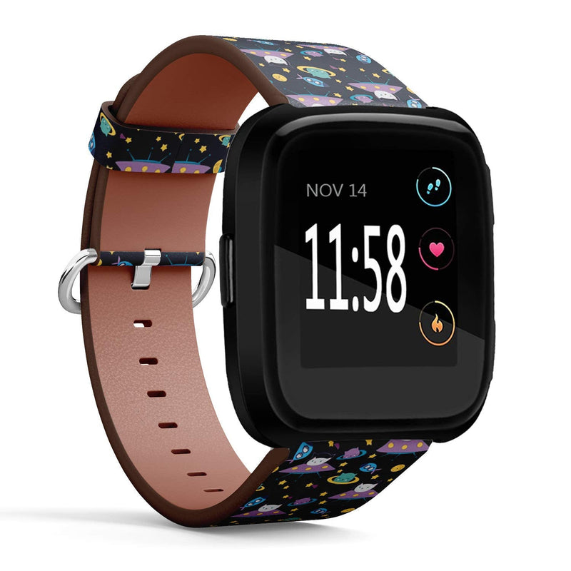 Compatible with Fitbit Versa/Versa 2 / Versa LITE - Leather Watch Wrist Band Strap Bracelet with Quick-Release Pins (Fun Cat Astronaut Space)