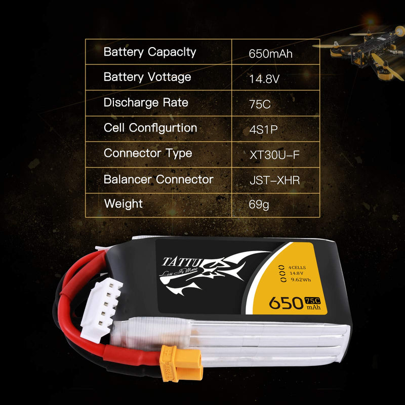Tattu 14.8V 75C 4S 650mAh LiPo Battery Pack with XT30 Plug for 90 to150mm Size FPV Quadcopters