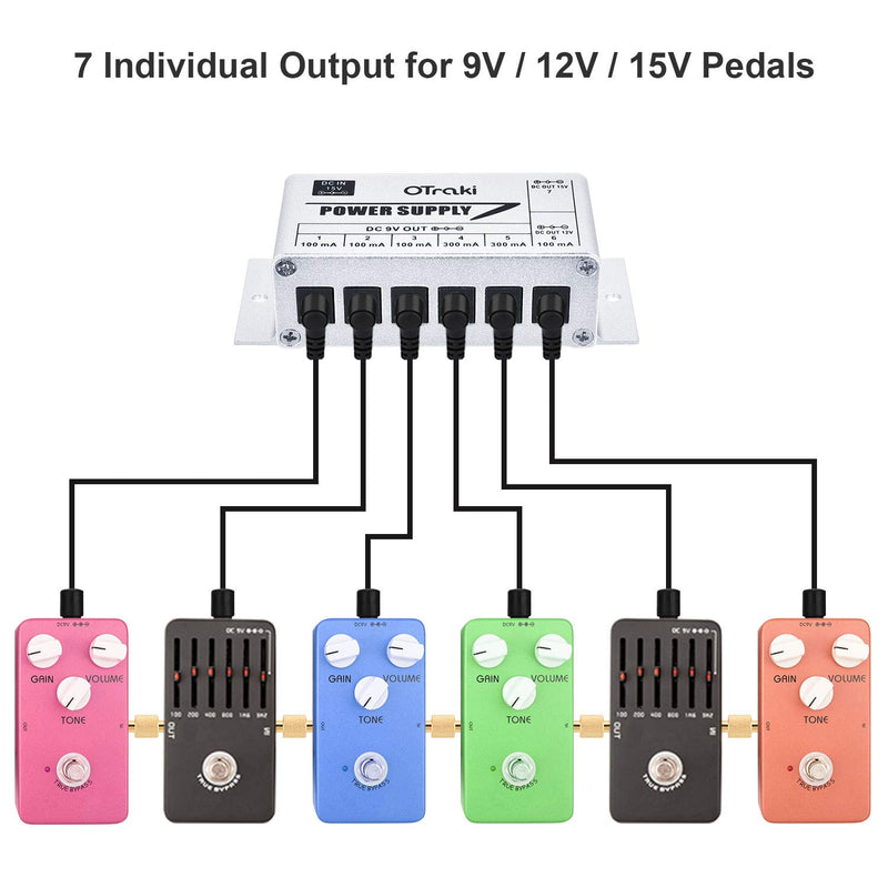 OTraki Guitar Pedal Power Supply 7 DC Output for 9V 12V 15V 100mA 300mA Effect Pedal Board Short Circuit Small Pedalboard Power Supplies Over Current Voltage Protection with Adapter Power Cords