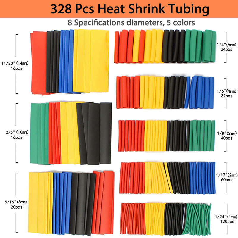 FloweryOcean Heat Shrink Tubing Kit - 2:1 Shrink Ratio,328Pcs Wire Shrink Wrap Tubing and 300W Mini Heat Gun - for Shrink Wrapping, Wire and Cable Repair, Hand Crafts