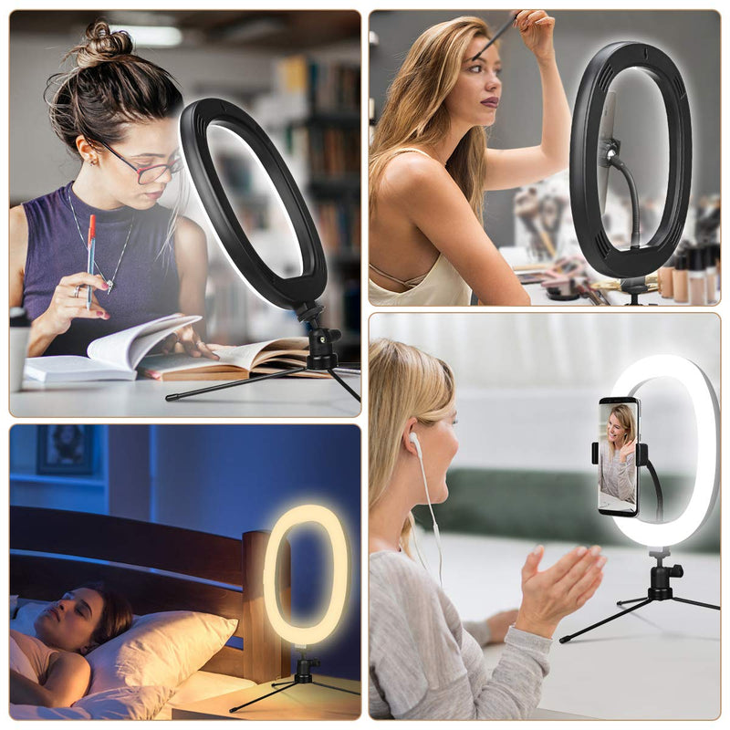 EIVOTOR 10" Selfie Ring Light with Tripod Stand & Phone Holder, Shooting with 3 Light Modes & 10 Brightness Level, Dimmable Desk Ring Light for Makeup/Photography/YouTube Videos/Vlog/TIK Tok/Live 10 Inch