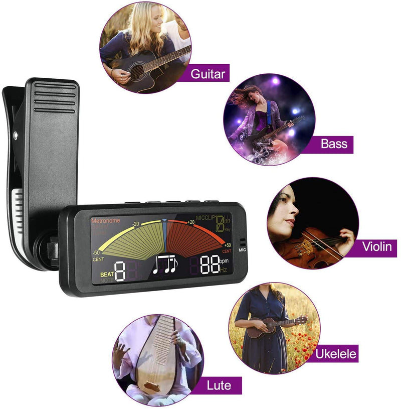 Guitar Tuner Clip-On for All Instruments- Guitar, Bass, Violin, Ukulele & Chromatic