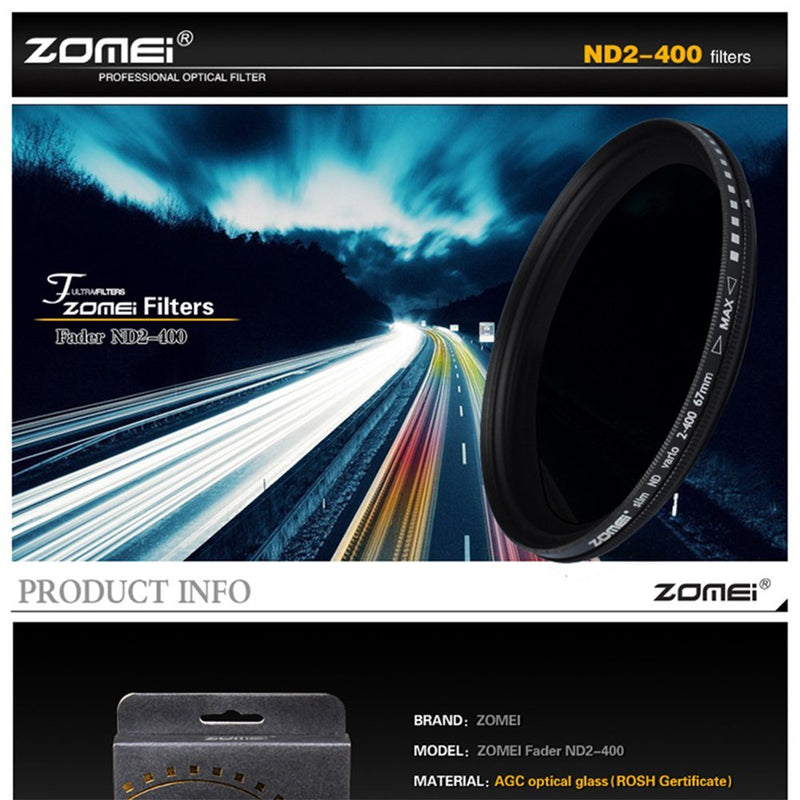 Zomei 49mm Ultra Slim ND2-ND400 Fader Variable Neutral Density Adjustable ND Lens Filter Optical Glass