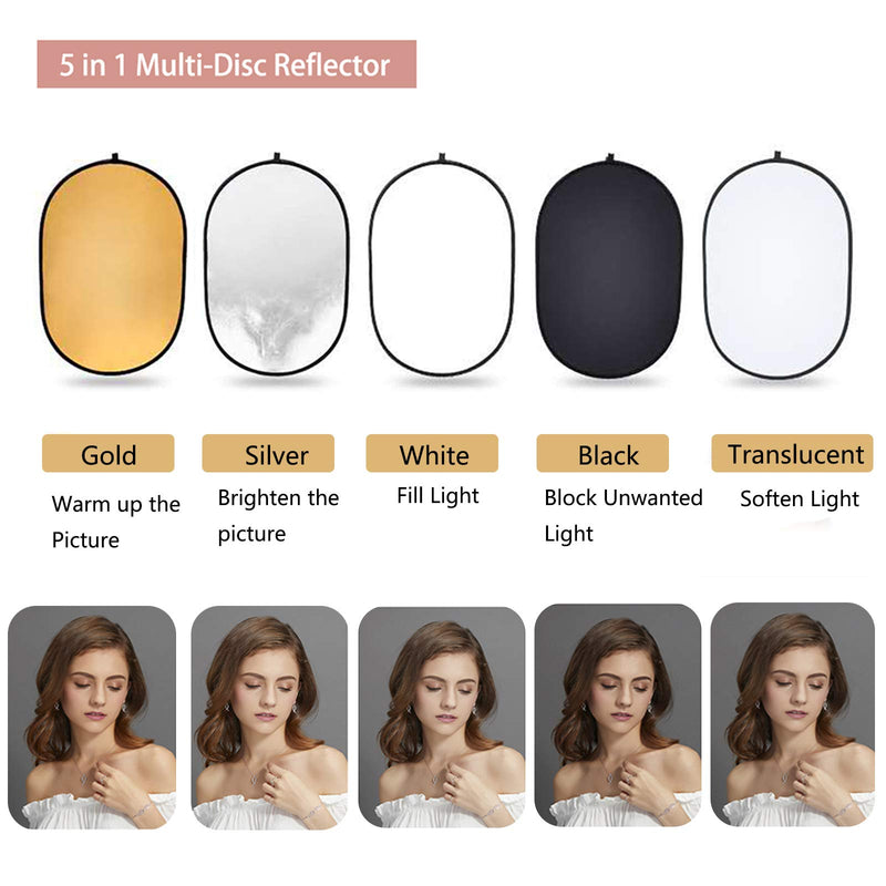 Photo Light Reflector 35x47inches/ 90x120 cm 5 in 1 Diffuser Photography Collapsible with Bag and Reflector Holder Clips for Studio Outdoor Lighting, Translucent, Silver, Gold, White and Black