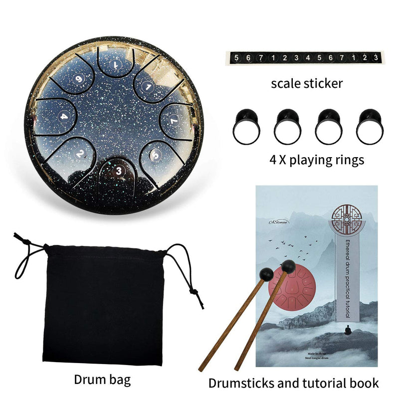 ASTEMAN Steel Tongue Drum 8 notes 6 inches Bright black tank drum handpan drum with drum mallets, soft case and music book