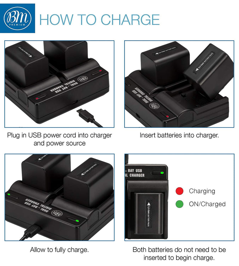 BM Premium 2 NP-FV100A High Capacity Batteries and Dual Bay Charger for Sony FDR-AX30 FDR-AX33 AX53 FDR-AX700 FDR-AX100 FDR-AX35 HXR-MC50 HXR-MC88 HX-RNX80 PXW-Z90V NEX-VG20 VG30 NEX-VG900 Camcorders