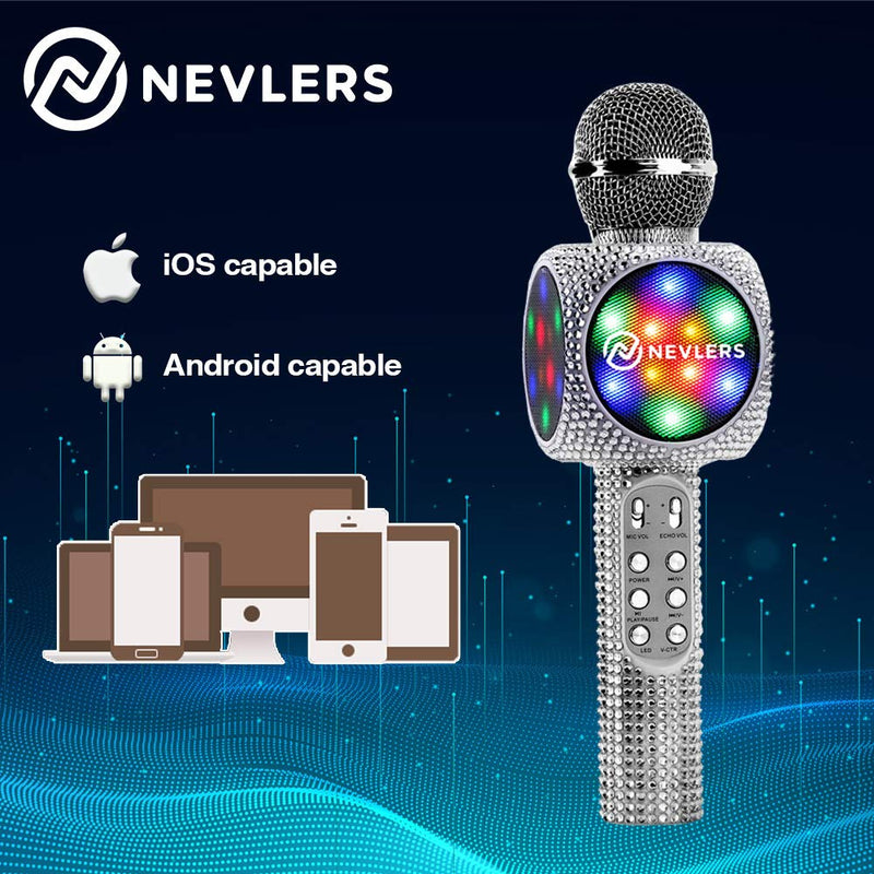 [AUSTRALIA] - NEVLERS Karaoke Microphone with Wireless Bluetooth Speaker, Voice Changer and Colorful LED Lights, Easy To Use Portable Karaoke Machine for Kids and Adults - SILVER BLING 