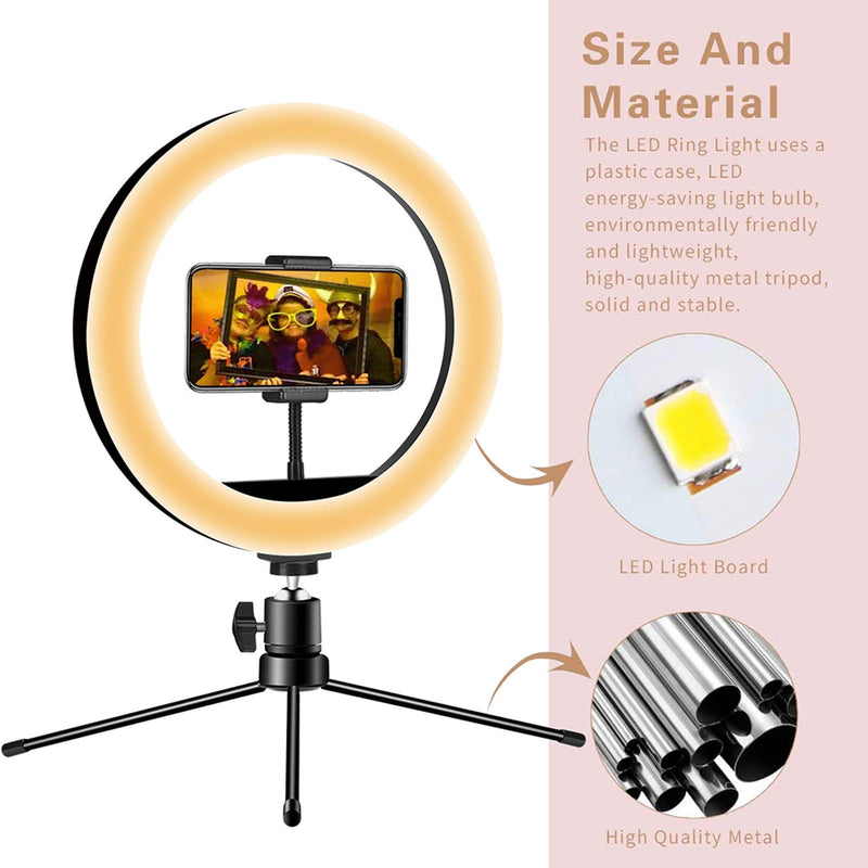 LED Selfie Ring Light 10" with Tripod Stand & Phone Holder for Live Streaming & YouTube Video, Dimmable Desk Makeup Ring Light for Photography, with 3 Light Modes & 10 Brightness Level