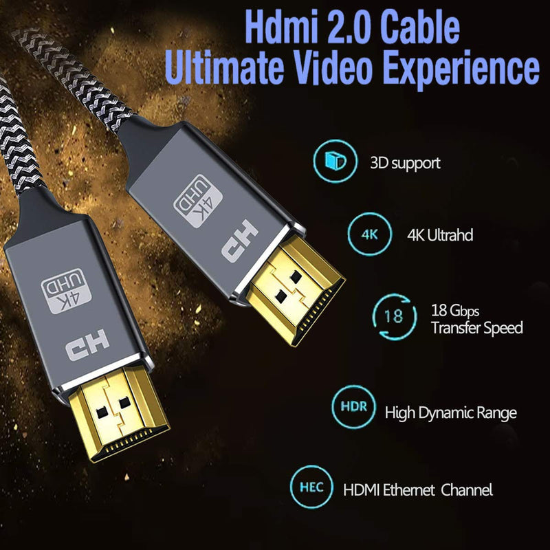 4K HDMI Cable 6.6 ft,1-Pack High Speed 18Gbps HDMI 2.0 Cable, 4K HDR, 3D, 2160P, 1080P, Ethernet - Braided HDMI Cord 32AWG, Audio Return(ARC) Compatible UHD TV, Blu-ray, PS4, PS3, PC, Projector 6.6ft-1Pack Grey
