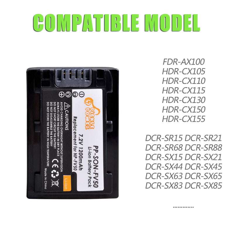 NP-FV50, Pickle Power 2 Pack Battery and Charger Set Compatible with Sony NP-FV30,NP-FV40,NP-FV50, FDR-AX53 HDR-CX230 HDR-CX220 CX330 CX380 CX455 CX900 CX290 CX430V PJ200 TD30V Camcorder and More