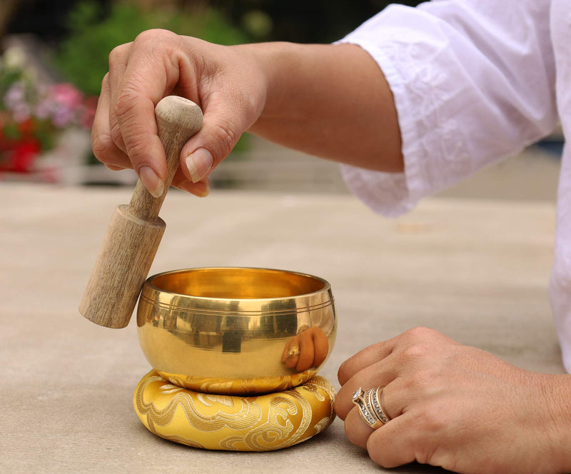 DharmaObjects Tibetan Ring Gong Meditation Singing Bowl Mallet Cushion Set Small