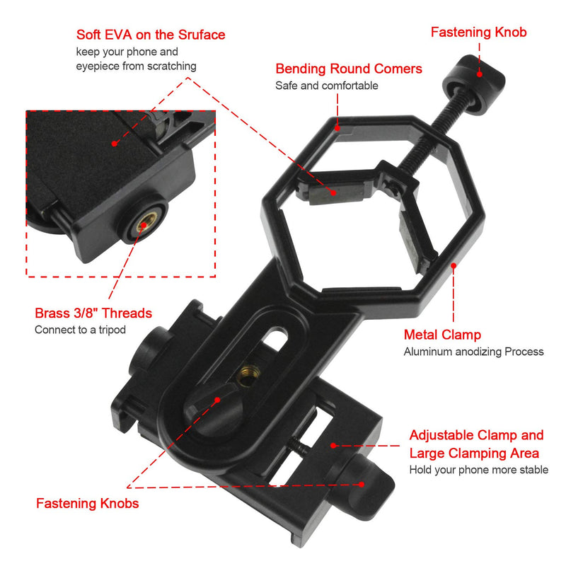 Alstar Universal Cell Phone Adapter Mount Support Binocular Monocular Spotting Scope Telescope and Microscope Optical Device - Black