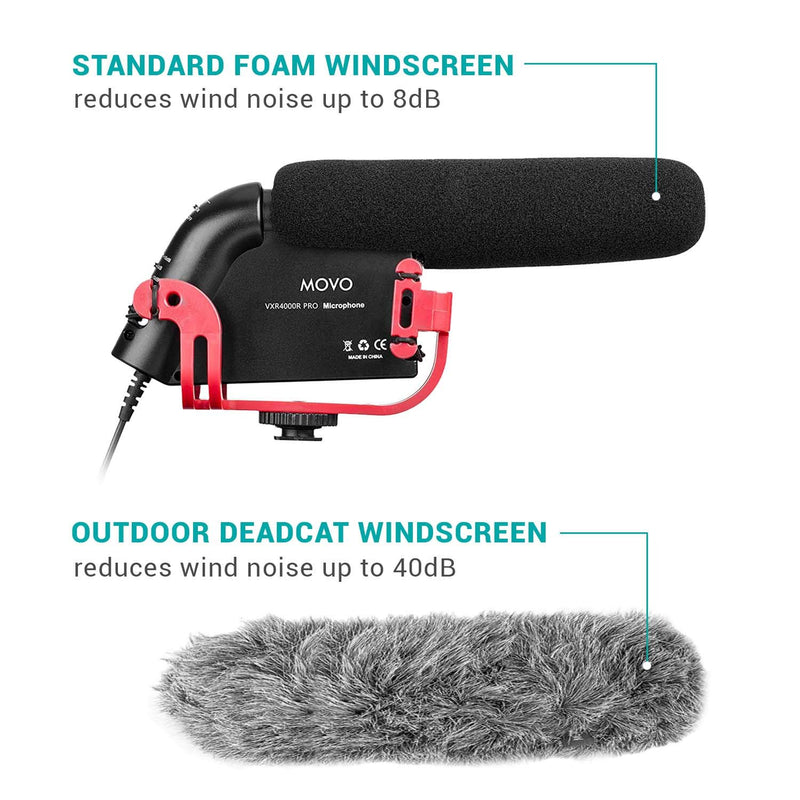 Movo VXR4000R-PRO Directional Condenser Shotgun Microphone with Shockmount, Low Cut Filter, Audio Gain + Attenuation, Foam + Deadcat Windscreens and Case