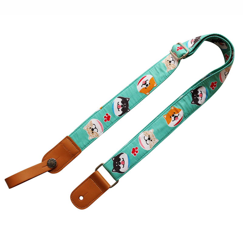 MUSIC FIRST Original Design Turquoise/Mint “Mint Shiba Inu Dog” Soft Cotton & Genuine Leather Ukulele Strap Ukulele Shoulder Strap With a MUSIC FIRST Genuine Leather Strap Locker