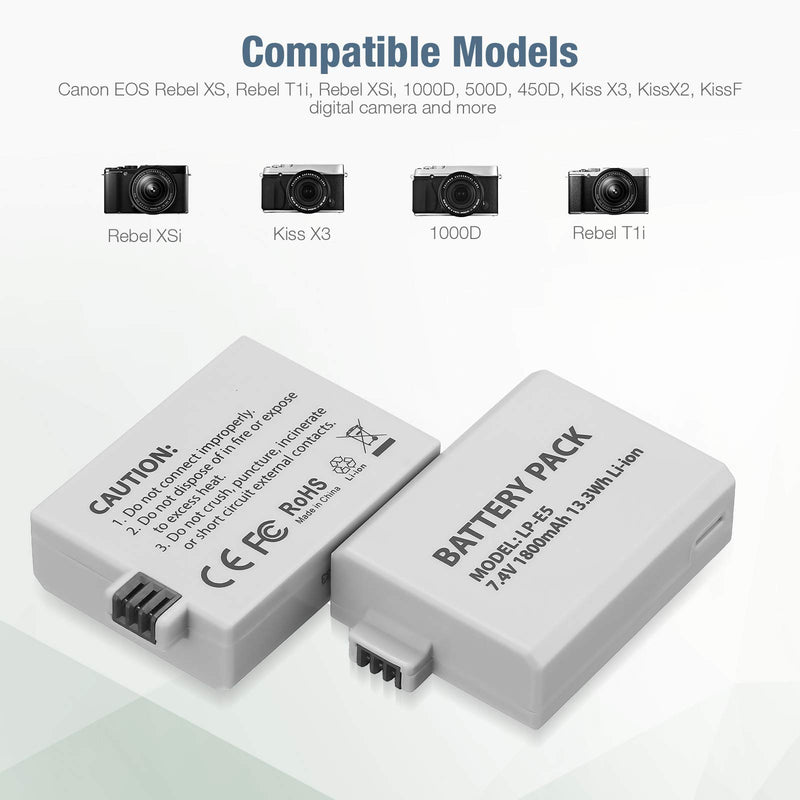 LP-E5 Battery 2 Packs 1800mAh LP E5 Relacement Li-ion Batteries with Rapid Dual Charger for Canon EOS Rebel XS, Rebel T1i, Rebel XSi, 1000D, 500D, 450D, Kiss X3, Kiss X2, Kiss F Digital Camera