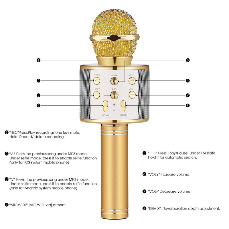 [AUSTRALIA] - Wireless Bluetooth Karaoke Microphone, Portable Karaoke Machine for Kid Birthday Party Christmas, Best Gifts Toys for Girls Boys Gold 