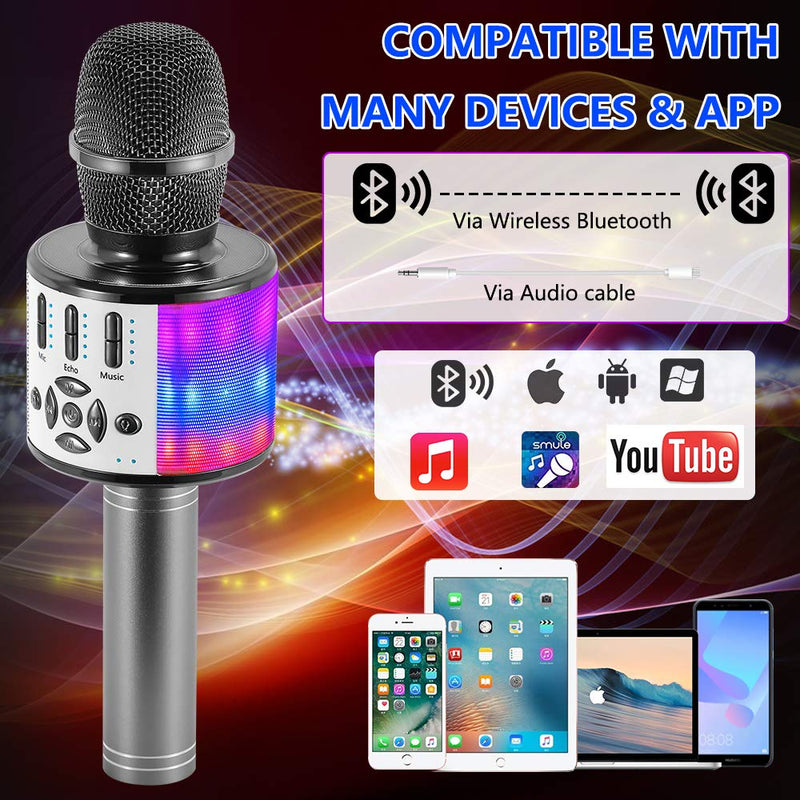 Amazmic Kids Karaoke Microphone Machine Toy Bluetooth Microphone Portable Wireless Karaoke Machine Handheld with LED Lights, Gift for Children Adults Birthday Party, Home KTV(Gray) Gray