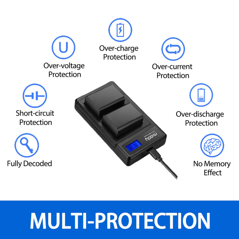 Miady NP-FW50 Batteries and Dual LCD Charger Set Compatible with Sony A6000, A6500, A6400, A6300, Alpha Series, RX10 Series and More,2-Pack 1500mAh 7.4V