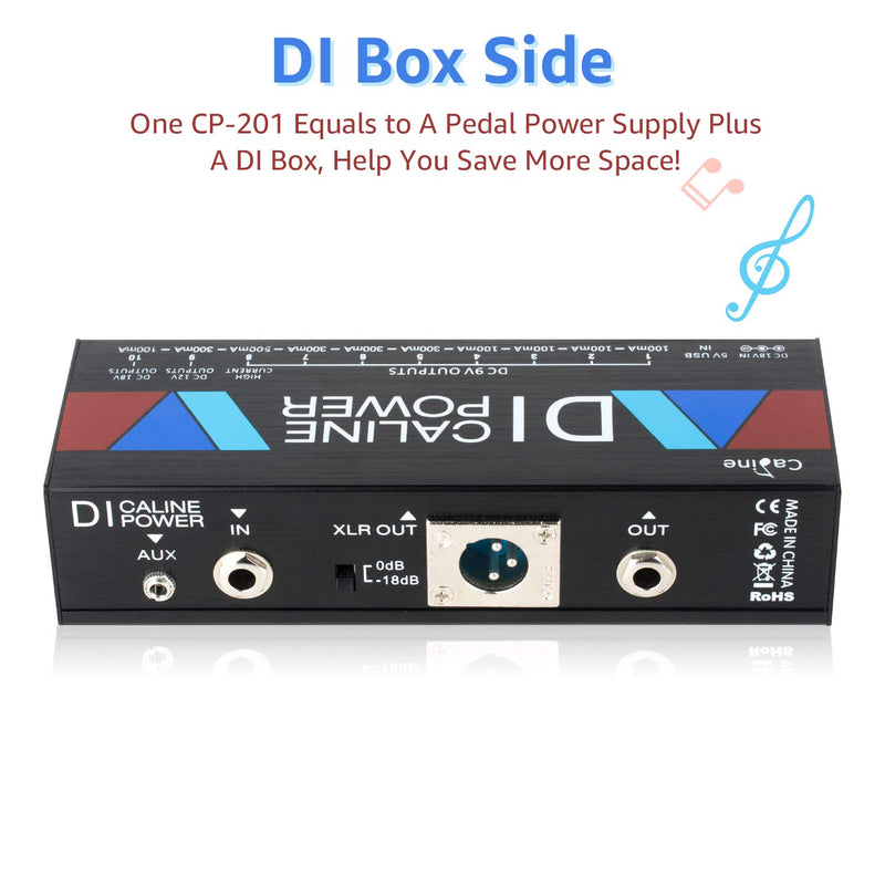 Guitar Pedal Power Supply with DI Box, 10 Isolated Output for 9V/12V/18V 100mA 300mA 500mA Effect Pedal with USB Input Port for Supply Power by Power Bank Mobile Phone or Tablet CP-201