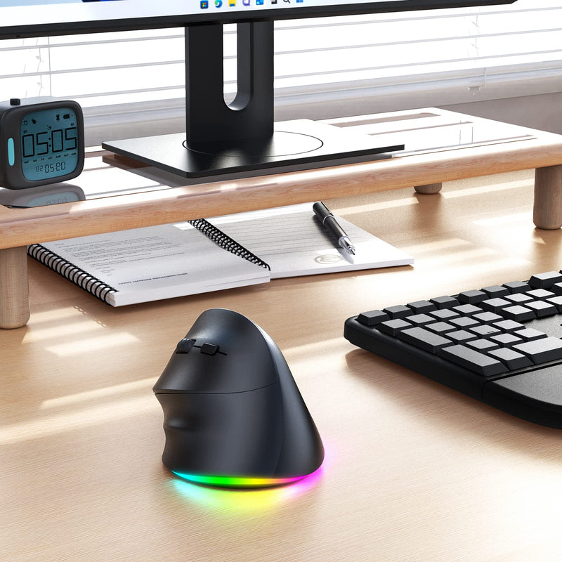 MEETION Left-Handed Mouse, Ergonomic Mouse Wireless Vertical Mouse, RGB Rechargeable Mice for Bluetooth(5.2 + 3.0) & USB-A with Type-c Adapter 4 Adjustable DPI for Mac/Windows/Andriod/PC/Tablet/iPad Black