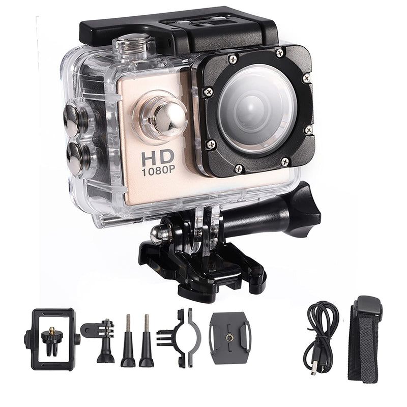 Action Camera 12MP Waterproof 30m Outdoor Sports Video DV Camera 1080P Full HD LCD Mini Camcorder with 900mAh Rechargeable Batteries and Mounting Accessories Kits(Gold) Gold