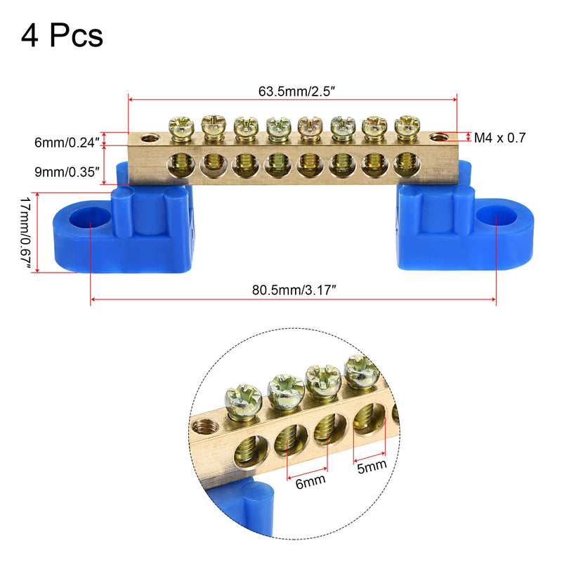 MECCANIXITY Terminal Ground Bar Screw Block Barrier Brass 8 Positions Blue for Electrical Distribution 4 Pcs