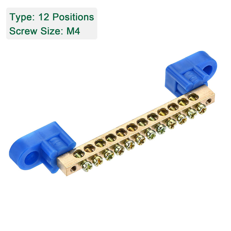 MECCANIXITY Terminal Ground Bar Screw Block Barrier Brass 12 Positions Blue for Electrical Distribution 4 Pcs