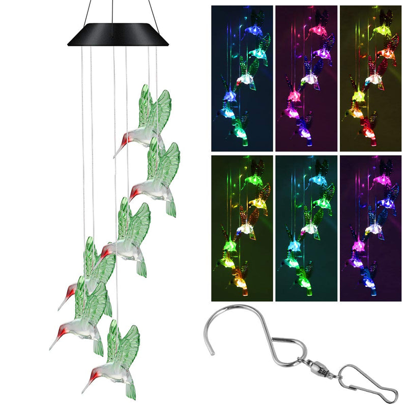 iFCOW Color Changing Solar Powered LED Wind Chime Light Waterproof Hummingbird Solar LED Light Wind Chime for Home Balcony Garden Decoration