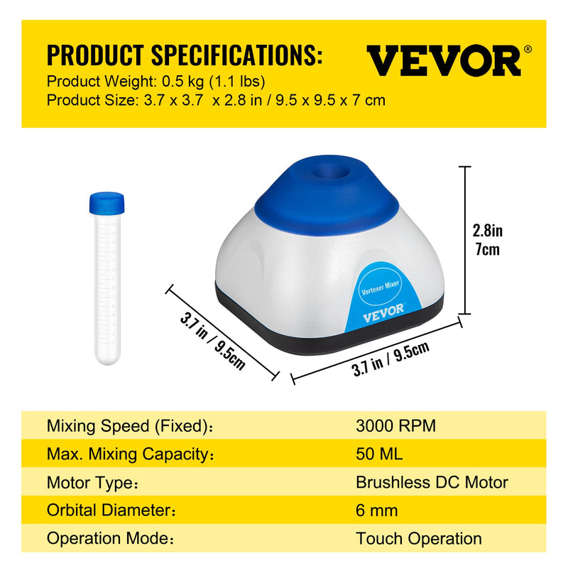 VEVOR Vortex Mixer, 3000RPM Mini Vortex Mixer Shaker, Touch Function Scientific Lab Vortex Shaker, Mix Up to 50ML, 6mm Orbital Diameter for Test Tube, Tattoo Ink, Nail Polish, Eyelash Adhesives, Paint Blue