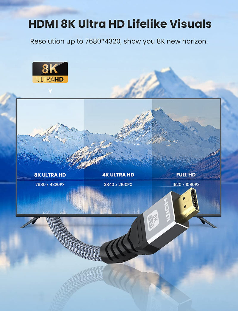 8K HDMI 2.1 Cable 10FT/3M, YOJOCK 8K@60Hz/4K@120Hz High Speed 48Gbps Long HDMI Cable, DTS:X, HDCP 2.2 & 2.3, HDR 10 Compatible with PS5/PS4/HDTV/Blu-ray, Ethernet, 3D, Audio Return(ARC) (10FT)
