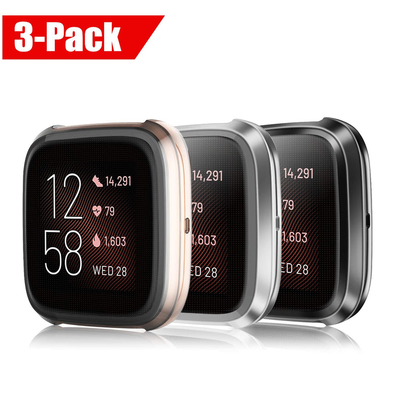 3 Pack - Fintie Screen Protector Case Compatible with Fitbit Versa 2 Smartwatch, Soft TPU HD Full Protective Cover Scratch Resistant Shock Absorbing Bumper Shell, Black, Clear, Silver Black+Clear+Silver
