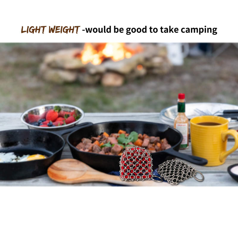 Herda Cast Iron Skillet Scrubber Scraper Tool, 4Pieces Pot Cleaner Cleaning Care Kit- 316 Chainmail Scrubber for Iron Pan Dish, Chain Link Metal Scrubber Iron Skillet Grill Griddle Brush Scrub Sponge Red Kit
