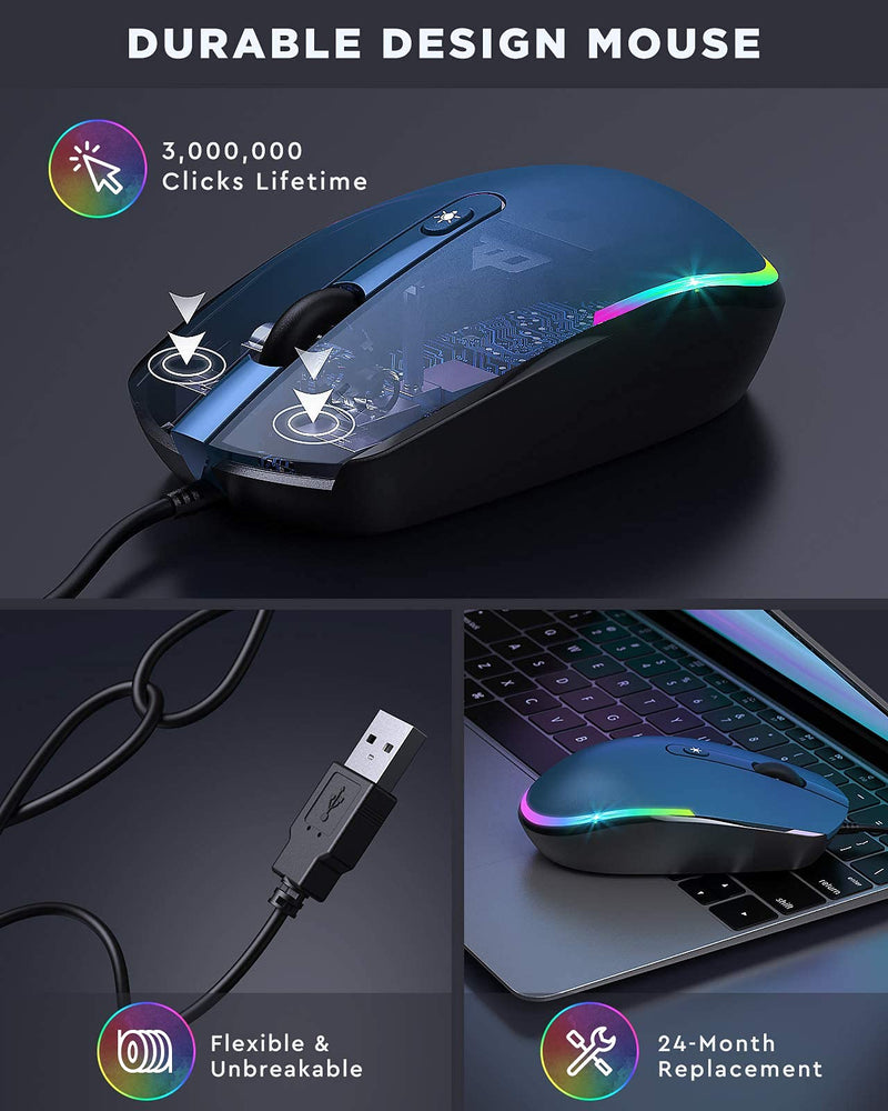seenda Wired Mouse - USB Computer Mouse Wired with RGB Backlit Optical LED Mouse with Attached USB Cord for Laptops Notebooks Chromebook - Blue & Black
