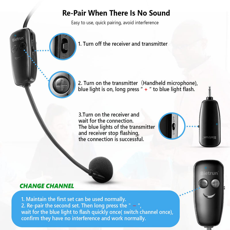 [AUSTRALIA] - Bietrun UHF Wireless Microphone Headset, 165ft Range, Working Time 6H, 1/4''Plug, Wireless Headset Mic ＆Handheld Mic 2 in 1, for Karaoke Speaker, Amplifier, Mic Speakers, PA System, Teaching, Fitness Black 