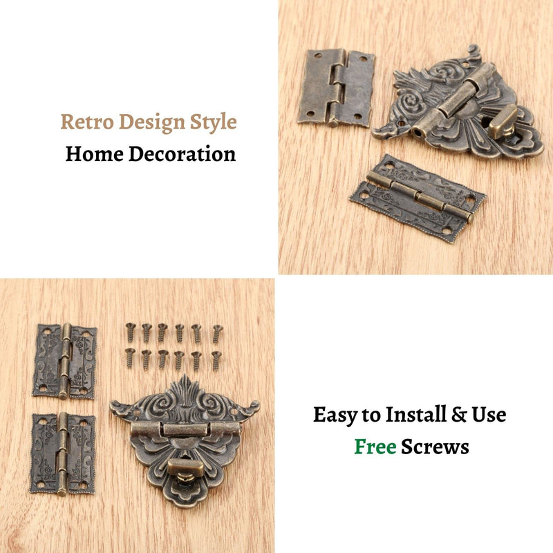 2PCS Antique Hinge & 1 PC Retro Style Padlock Lock Key Latch Clasp Set Box Lock with 12 Screws