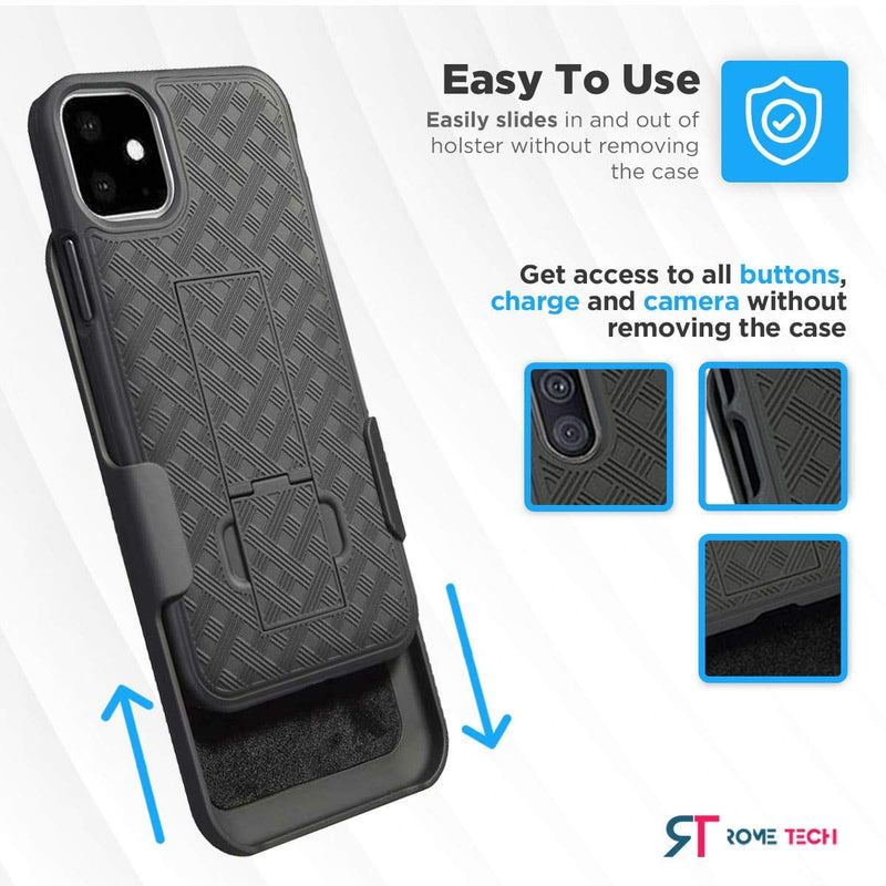 Rome Tech Holster Case with Belt Clip for Apple iPhone 11 - Slim Heavy Duty Shell Holster Combo - Rugged Phone Cover with Kickstand Compatible with iPhone 11 - Black