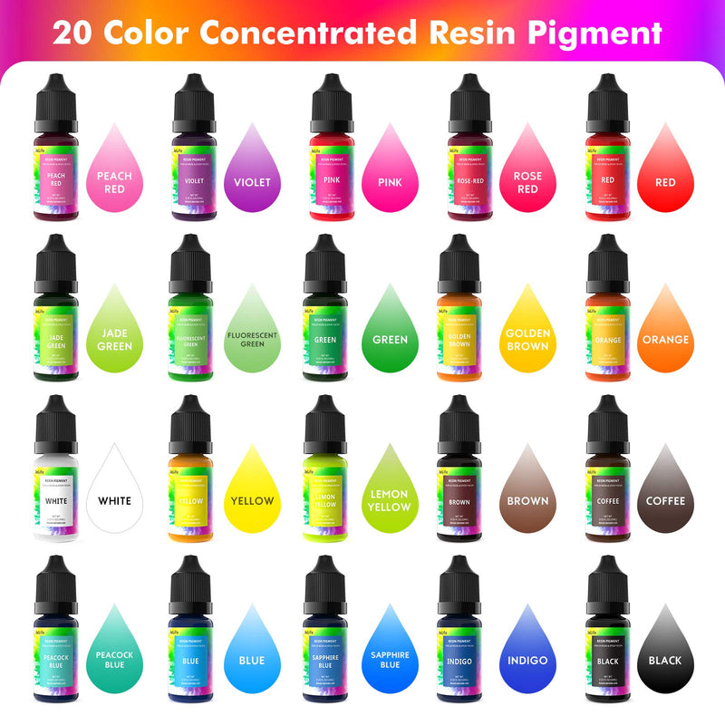 Jelife Epoxy Resin Color Pigment - Upgraded 20 Color Liquid Resin Colorant for UV Resin, Non-Toxic Epoxy UV Resin Dye Perfect for Resin Jewelry Making DIY Crafts Art Tumblers Cup Decorating, Each 10ml 20 Color Liquid Resin Dye