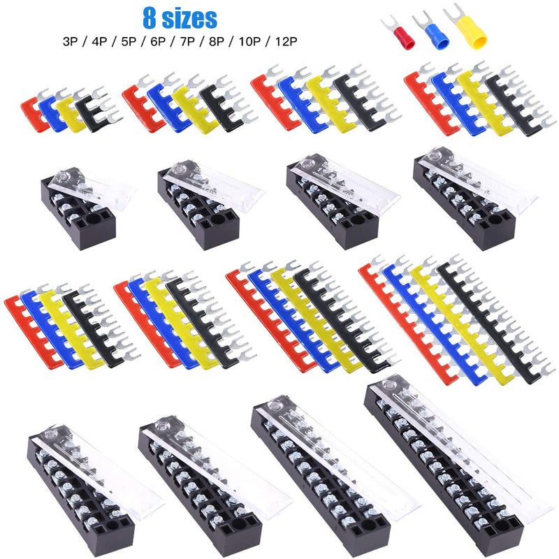 Glarks 70Pcs(5Sets) Terminal Block Set, 5Pcs 6 Positions 600V 15A Dual Row Screw Terminals Strip + 5Pcs Pre-Insulated Barrier Strips + 60Pcs Insulated Fork Wire Connector (6P+Fork Connector) 6P+Fork Connector