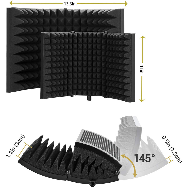 HEXIN Microphone Isolation Shield,3 Foldable Absorbing Foam Reflector Folding Panel, Flexible & Durable, Sound Absorbing Foam Reflector for Any Condenser Microphone Recording Equipment (black) black