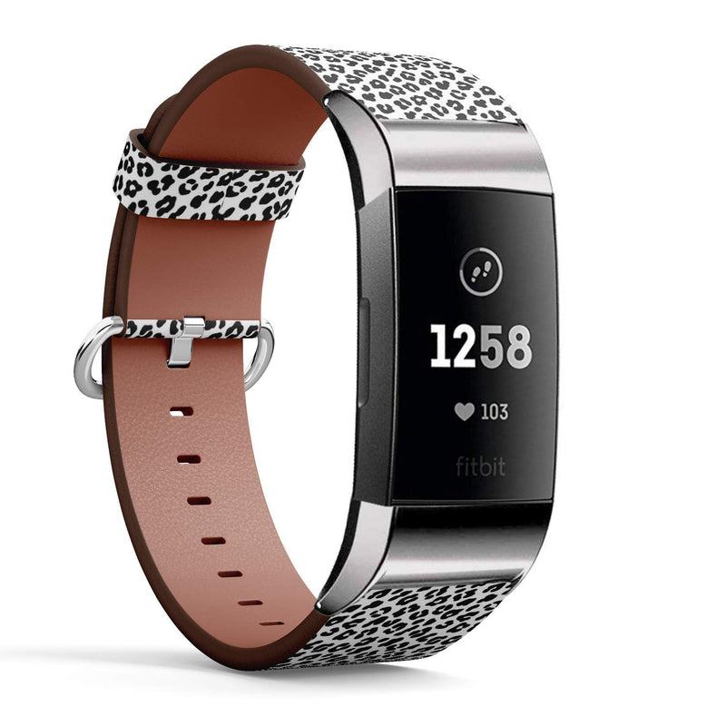 Compatible with Fitbit Charge 4 / Charge 3 / Charge 3 SE - Leather Watch Wrist Band Strap Bracelet with Stainless Steel Adapters (Leopard Black White)